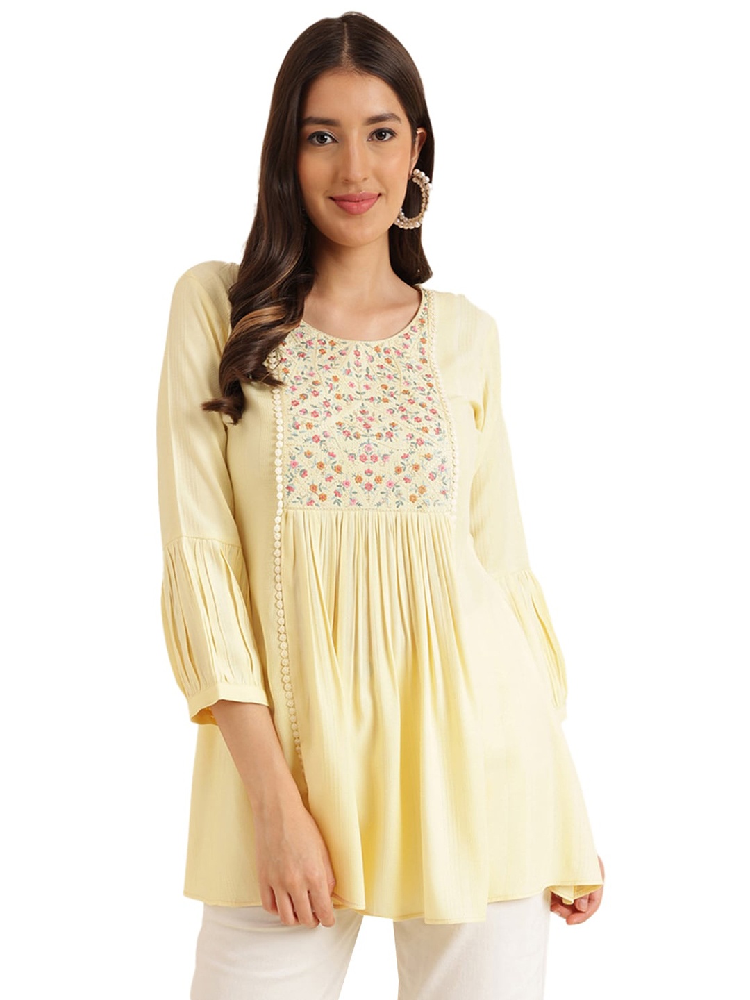 

Nimayaa Floral Embroidered Thread Work A-Line Kurti, Yellow