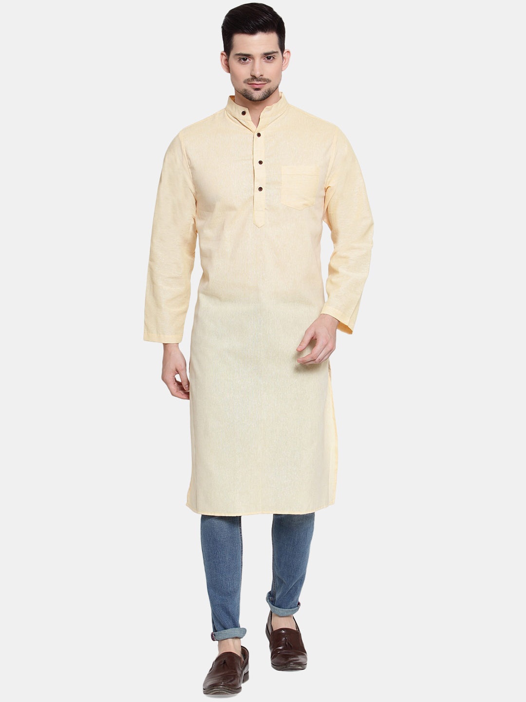 

Enchanted Drapes Band Collar Pure Cotton Straight Kurta, Yellow