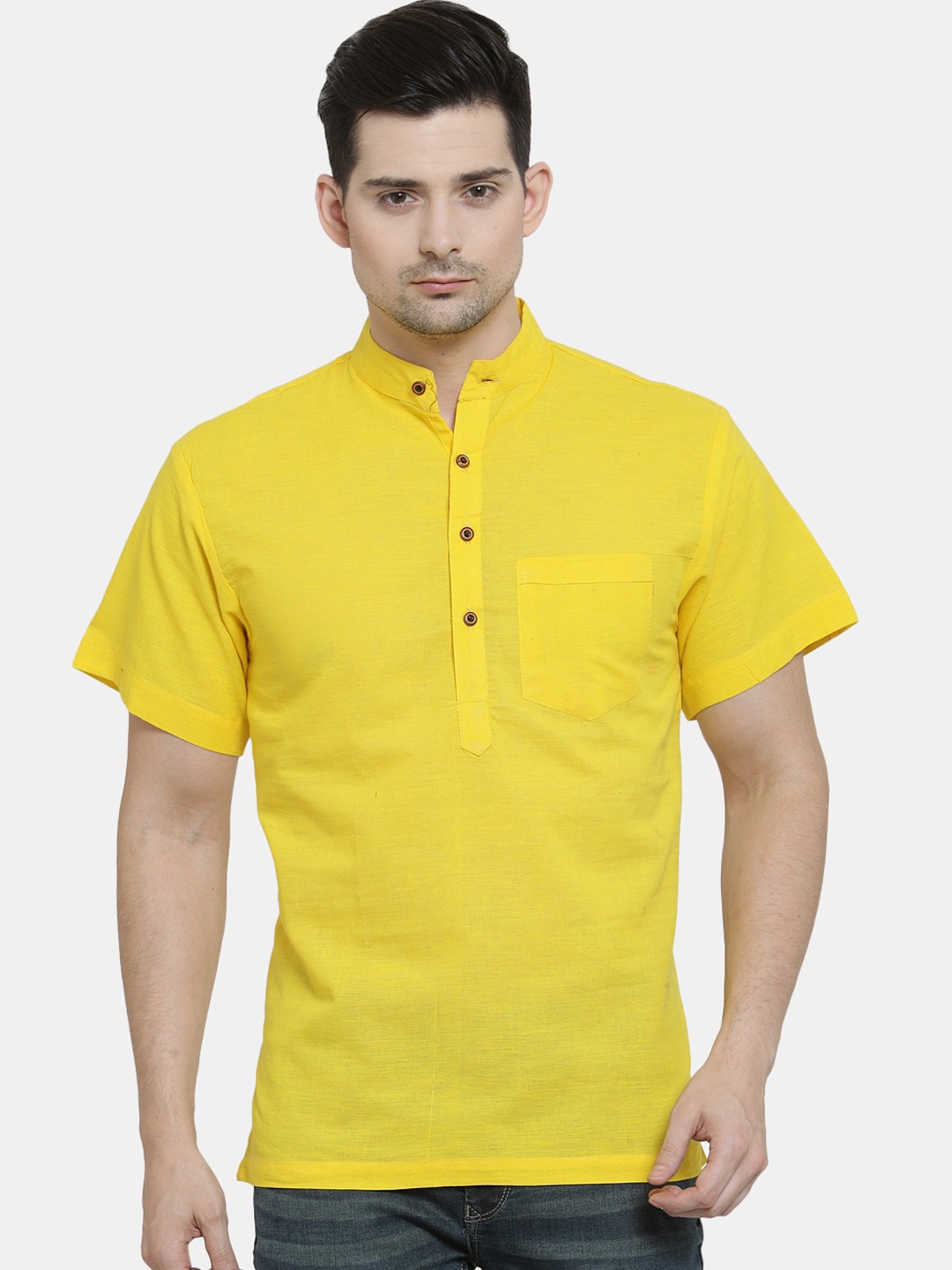 

Enchanted Drapes Band Collar Cotton Kurta, Yellow