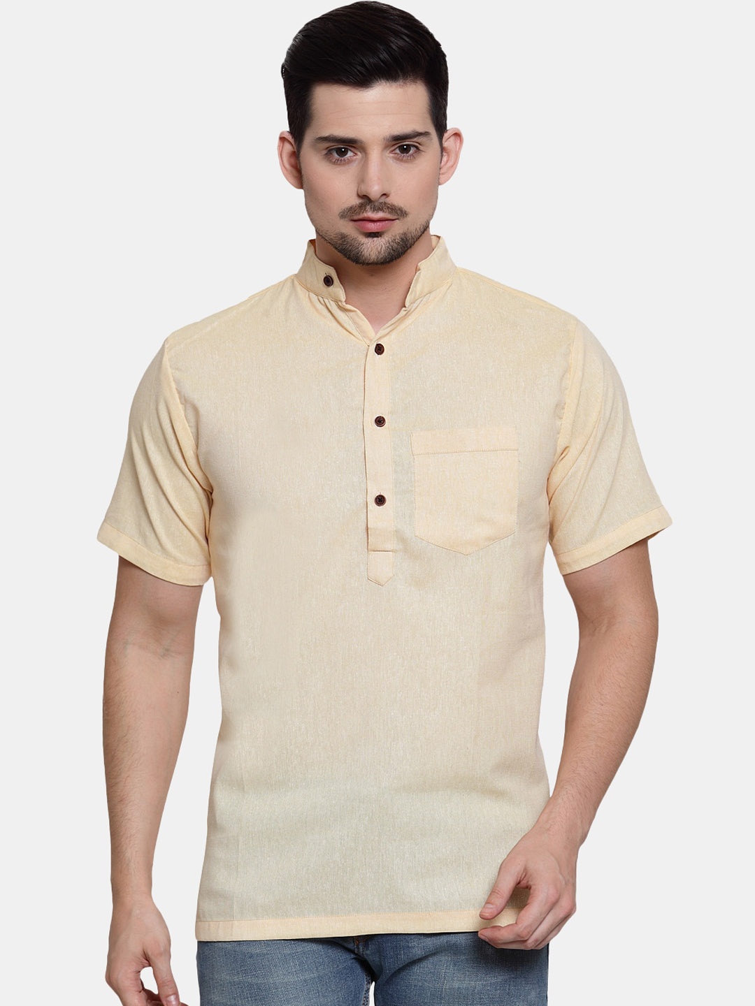 

Enchanted Drapes Band Collar Cotton Kurta, Yellow