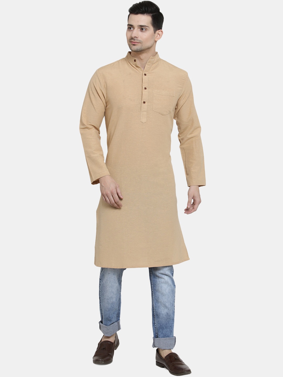 

Enchanted Drapes Band Collar Cotton Kurta, Beige