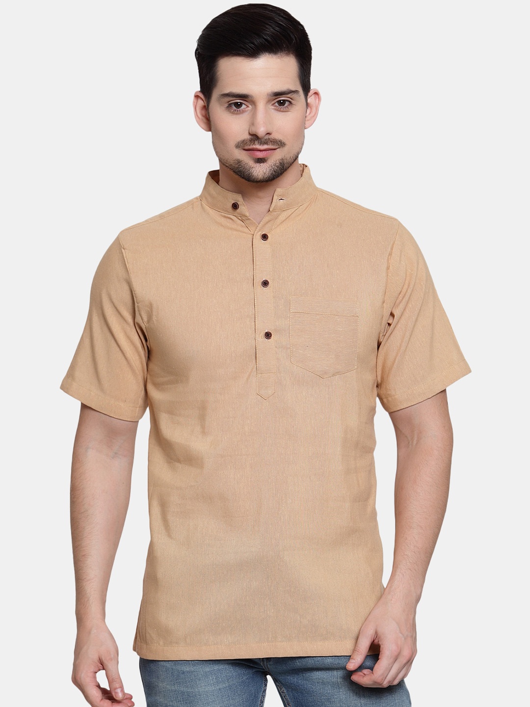 

Enchanted Drapes Band Collar Cotton Kurta, Beige