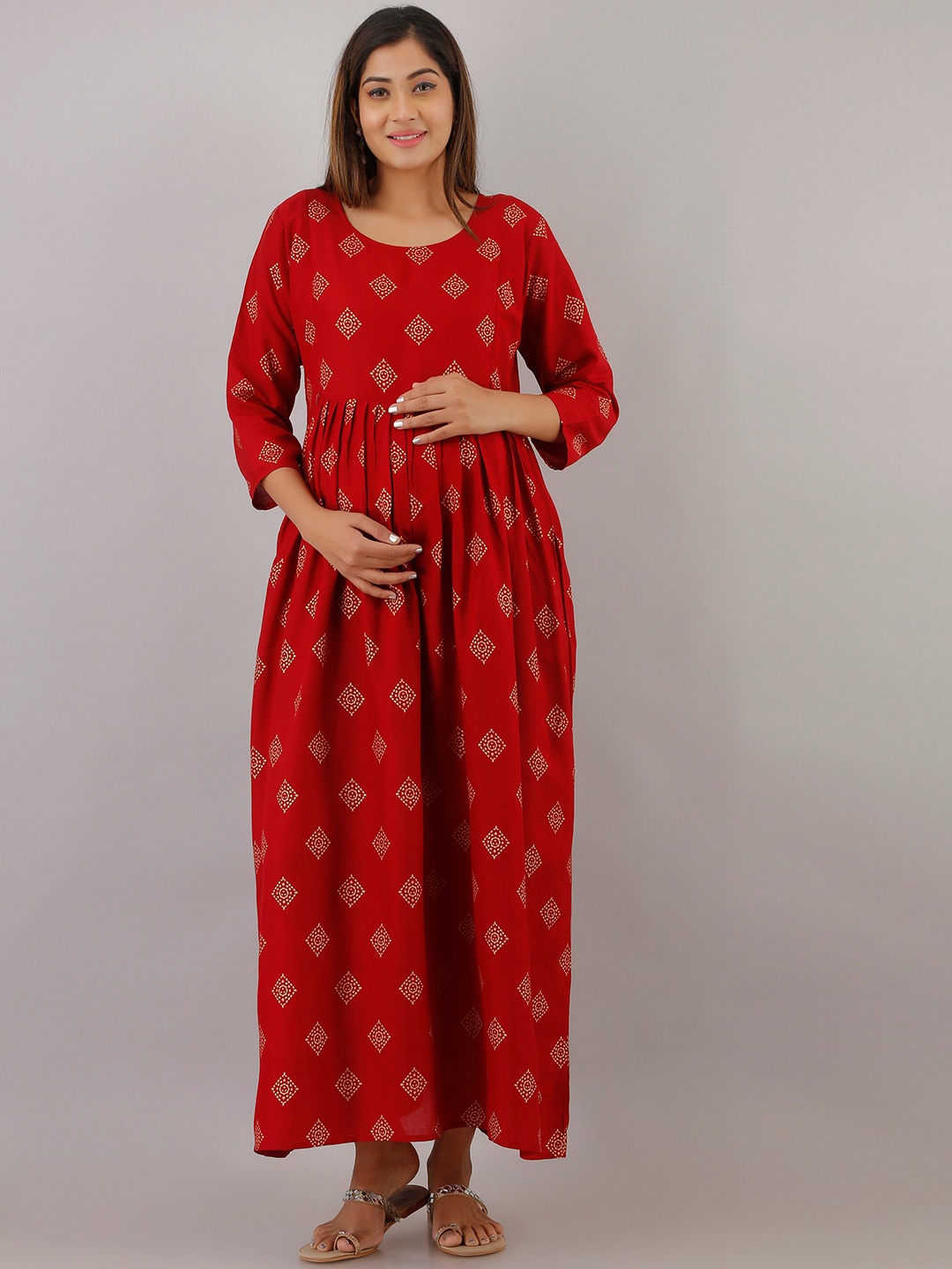 

Mialo fashion Ethnic Motifs Printed Maternity Fit and Flare Ethnic Dresses, Red