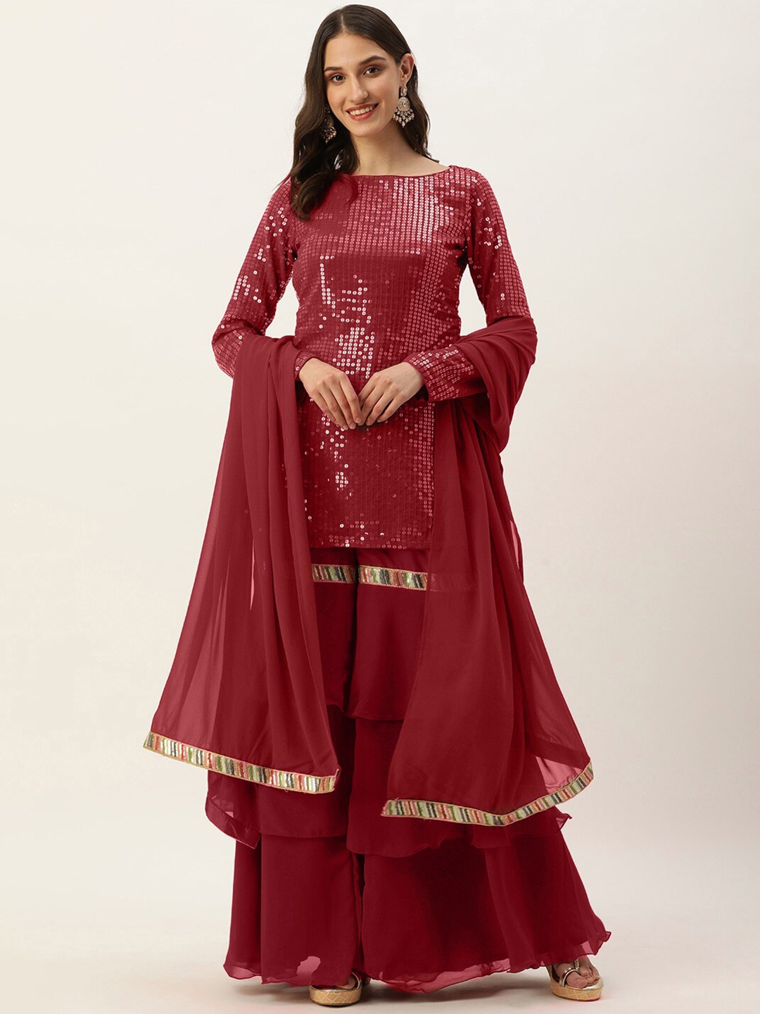 

Ethnovog Embroidered Regular Sequinned Kurti & Sharara With Dupatta, Maroon