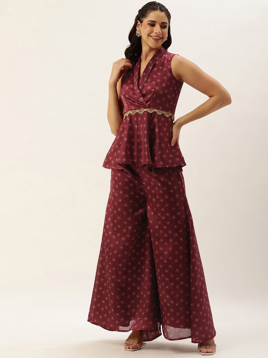 

Ethnovog Printed V-Neck Top With Palazzos, Maroon