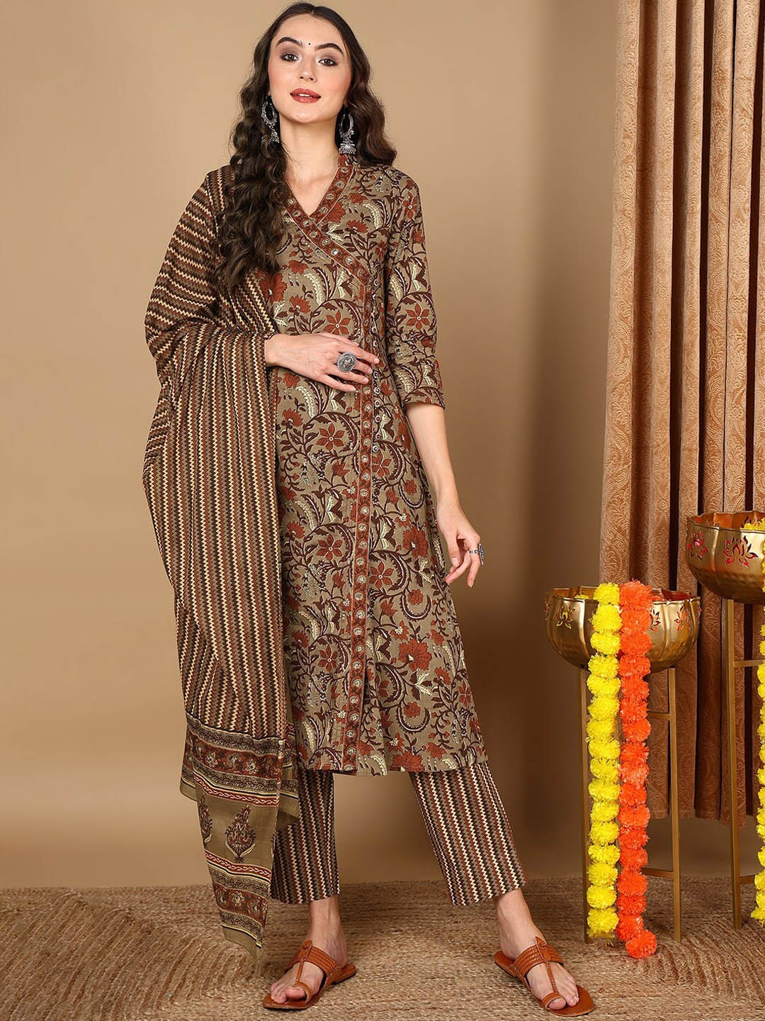 

AHIKA Ethnic Motifs Printed Angrakha Pure Cotton Kurta With Trousers & Dupatta, Taupe