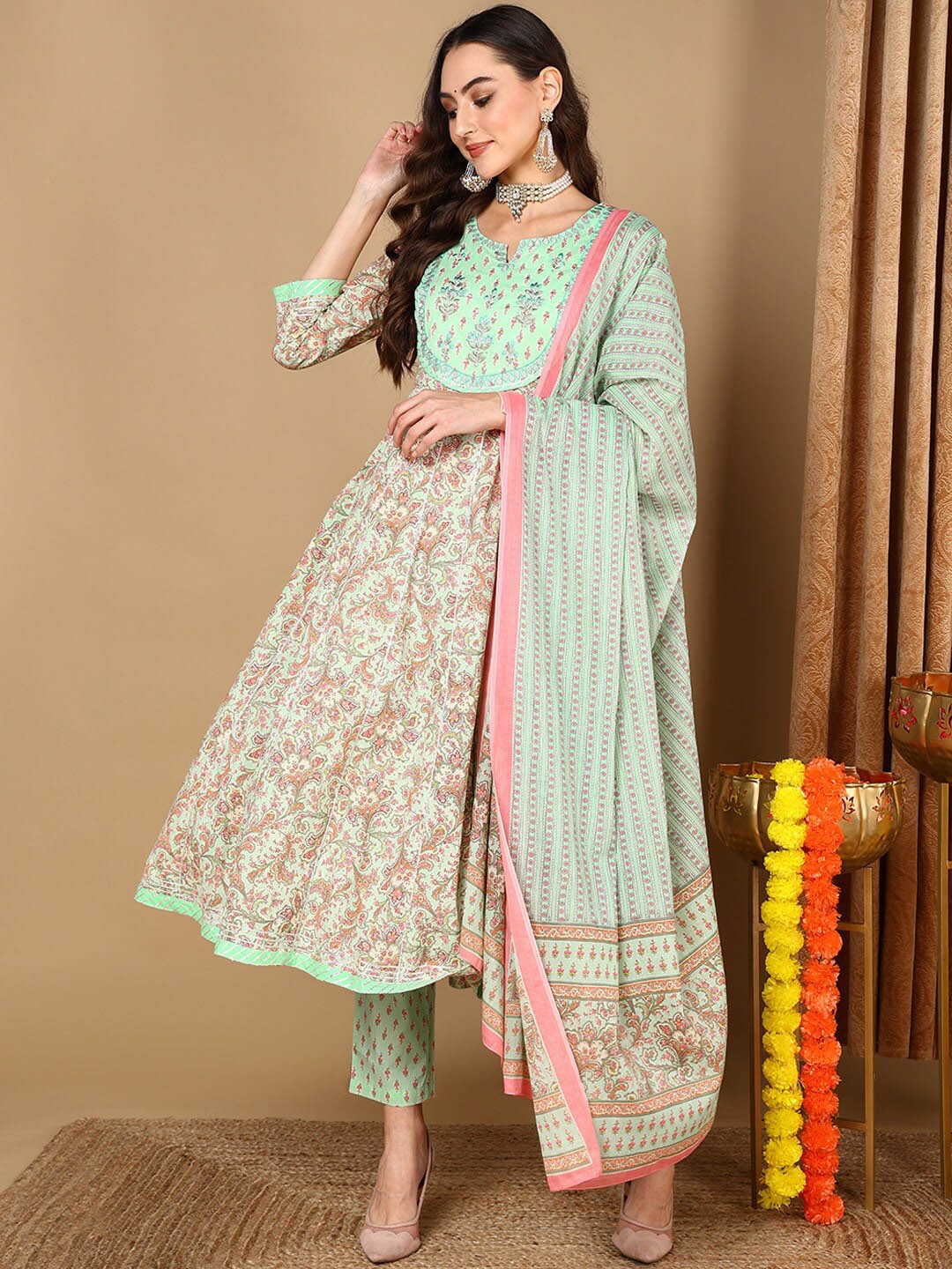 

AHIKA Ethnic Motifs Printed Empire Thread Work Pure Cotton Kurta with Trousers & Dupatta, Sea green