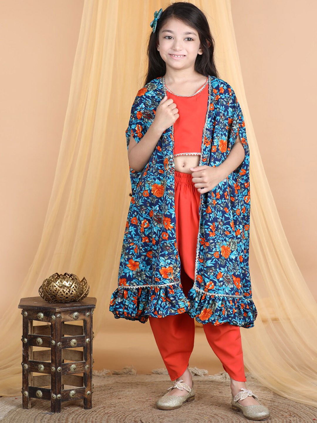 

Cutiekins Girls Top With Dhoti Pants & Printed Shrug, Orange