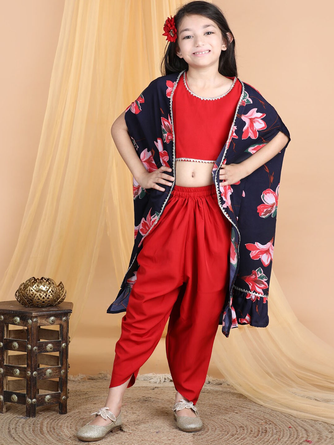 

Cutiekins Girls Round Neck Gotta Patti Detailed Top & Dhoti Pant With Jacket, Red