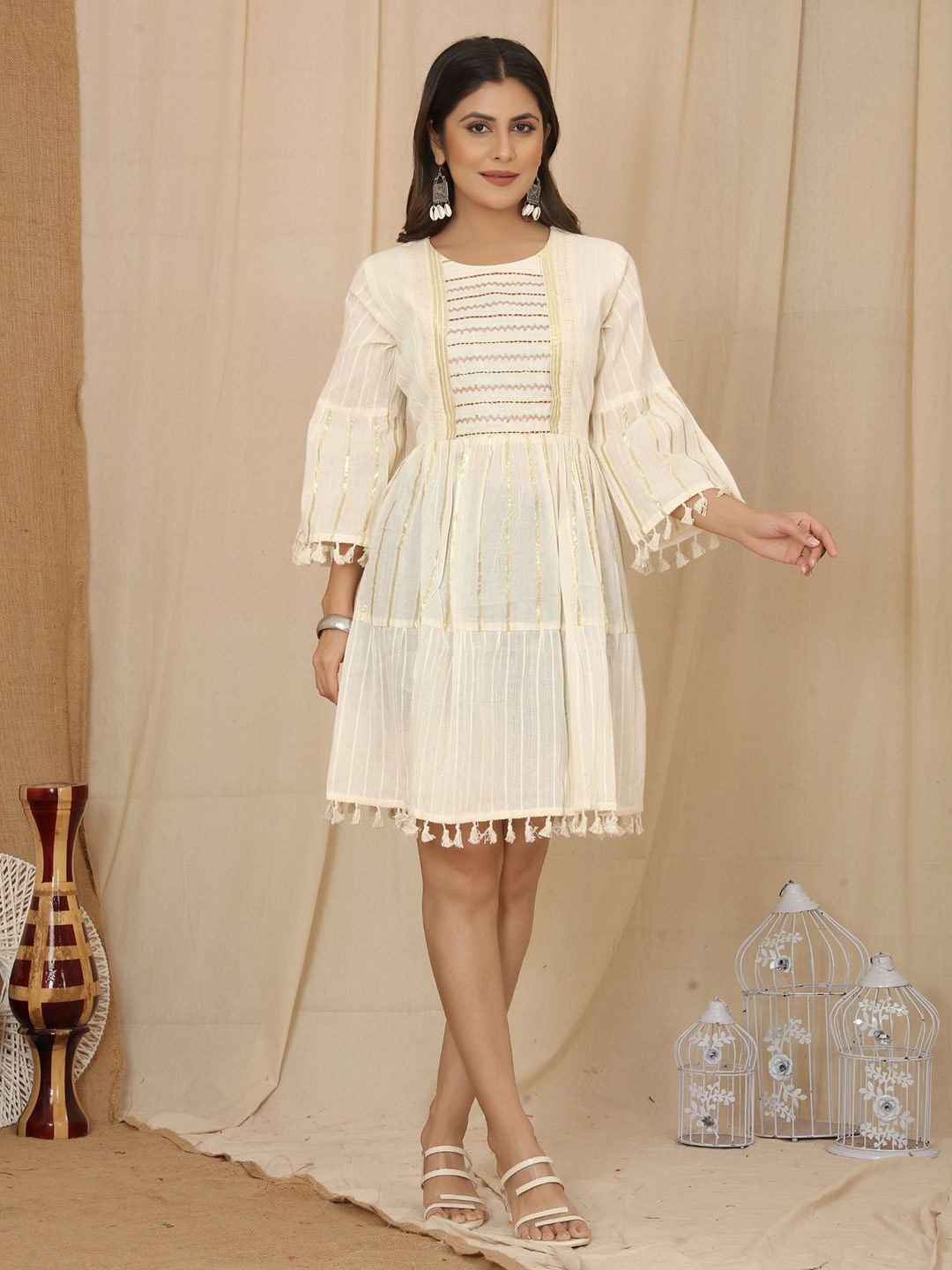 

KALINI Striped Cotton A Line Dress, Off white