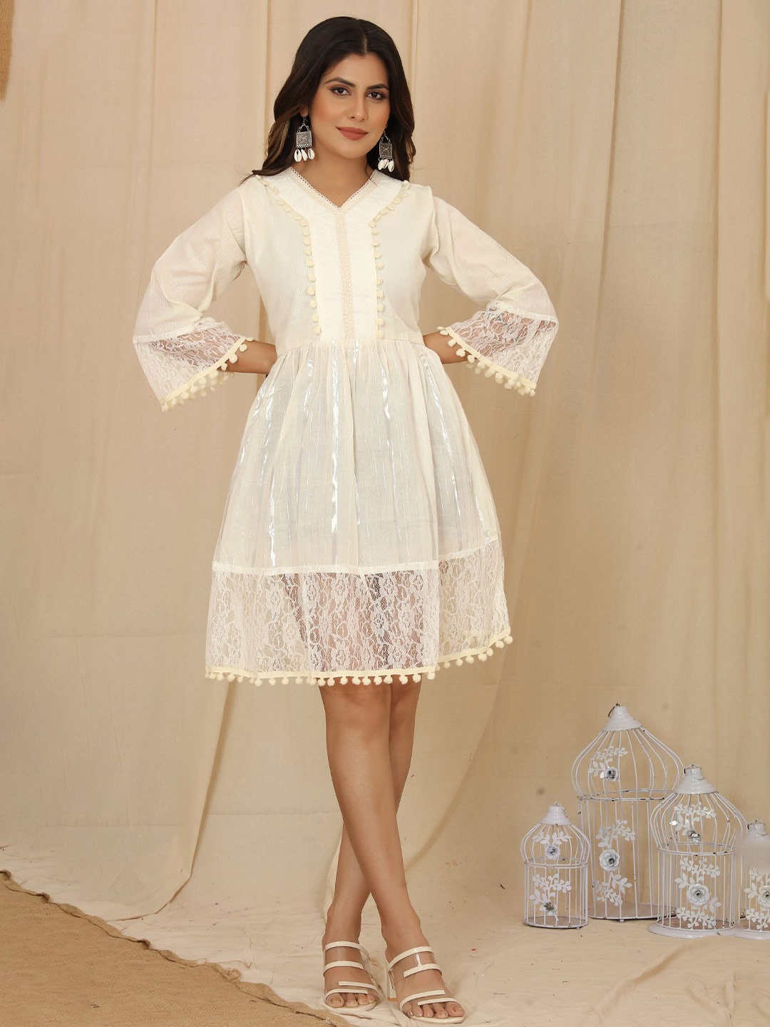 

KALINI V-Neck Gathered Detail Cotton Fit & Flared Ethnic Dresses, Off white