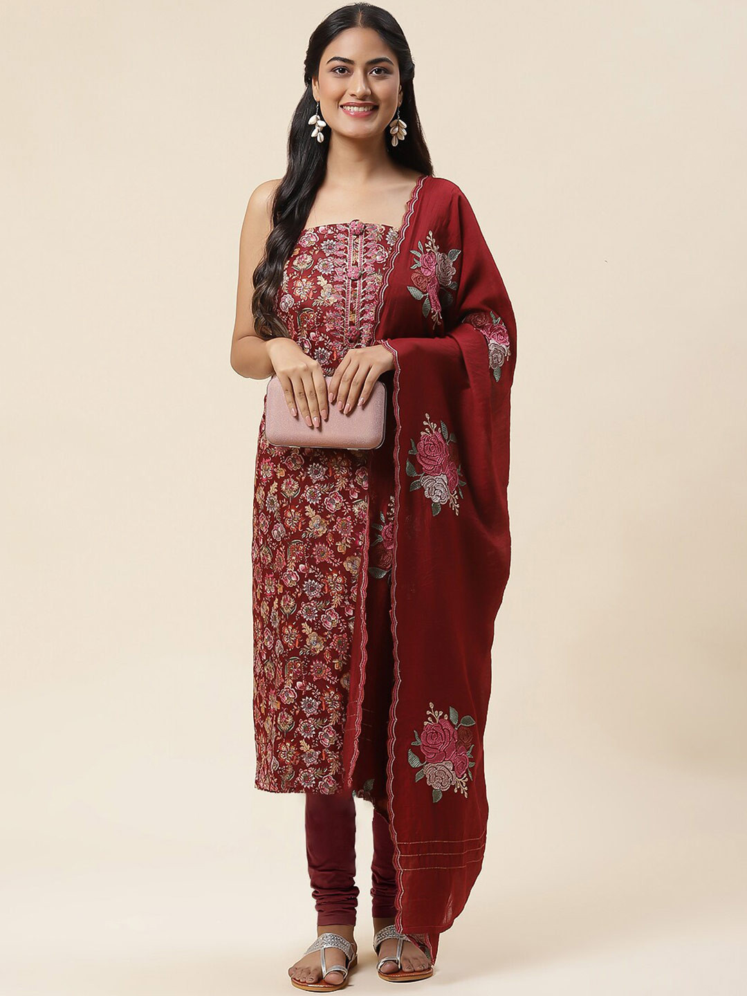 

Meena Bazaar Floral Printed Thread Work Detailed Unstitched Dress Material, Maroon