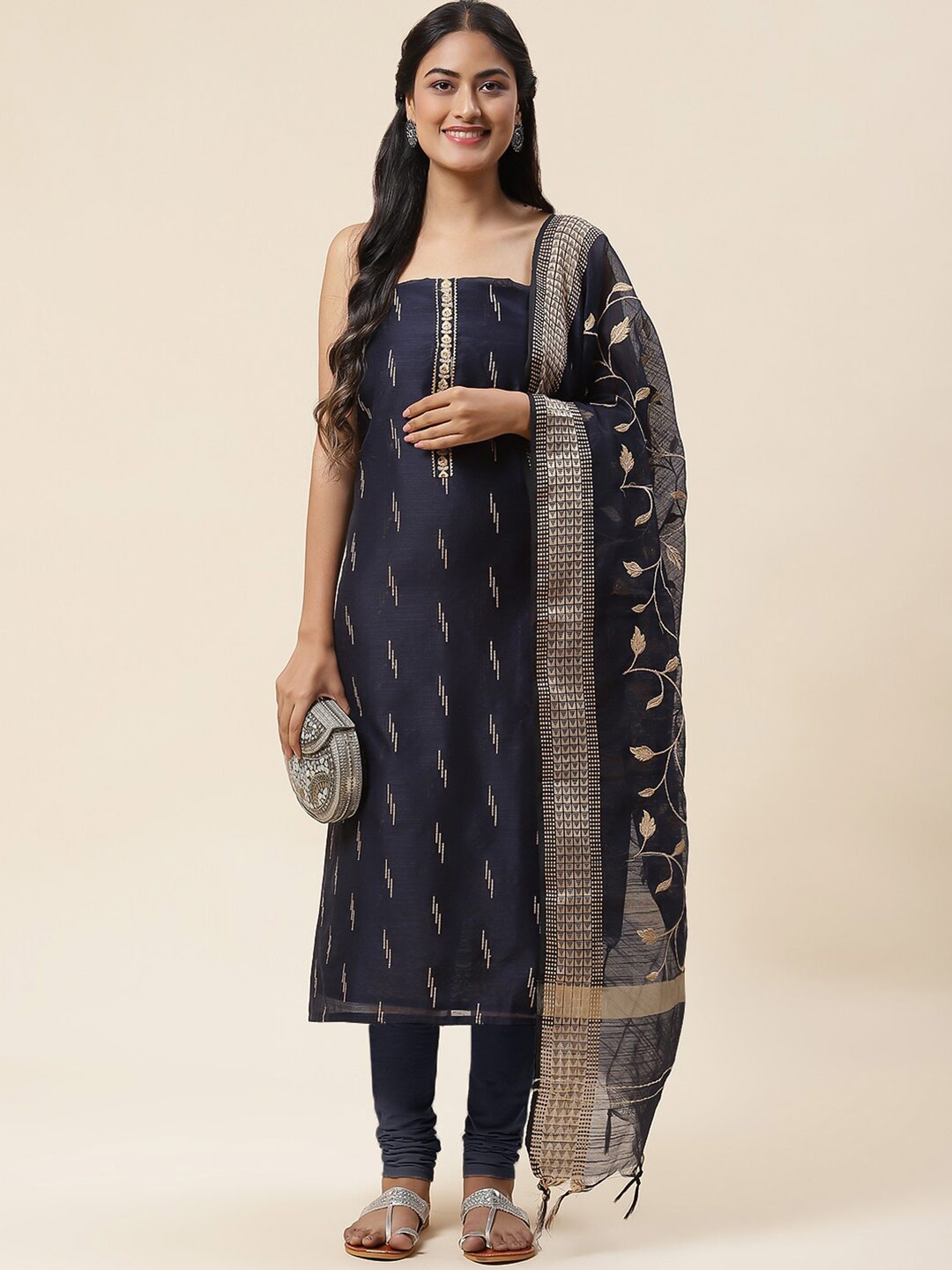 

Meena Bazaar Geometric Woven Design Thread Work Detailed Unstitched Dress Material, Blue