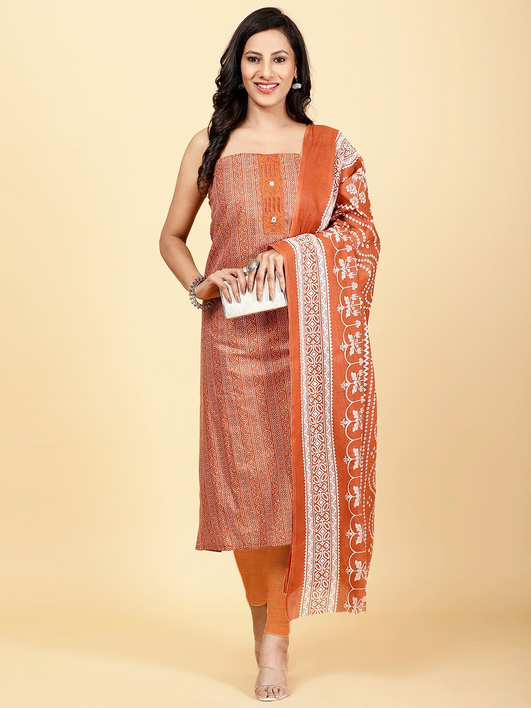 

Meena Bazaar Ethnic Motifs Printed Thread Work Detailed Unstitched Dress Material, Rust