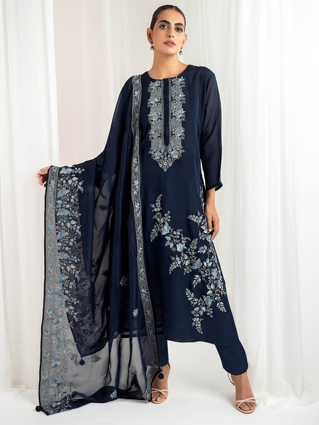 

Meena Bazaar Floral Embroidered Thread Work Detailed Unstitched Dress Material, Navy blue