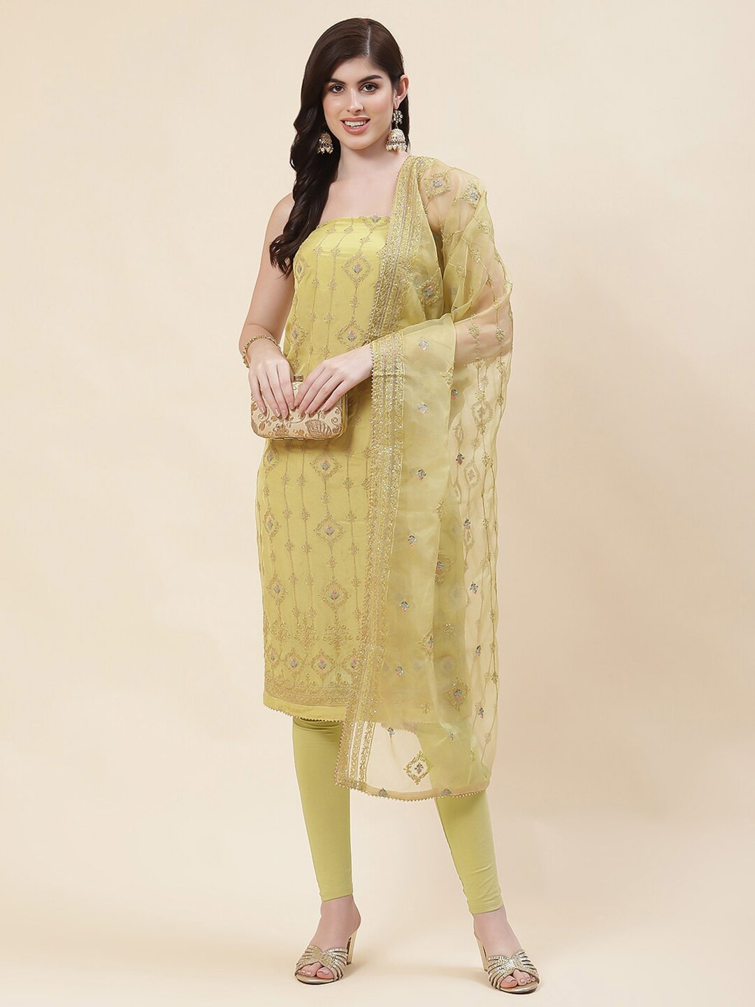 

Meena Bazaar Ethnic Motifs Embroidered Thread Work Detailed Unstitched Dress Material, Yellow
