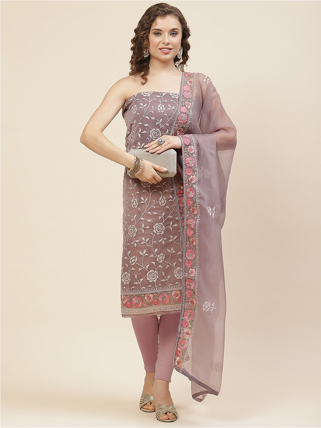 

Meena Bazaar Floral Embroidered Thread Work Detailed Organza Unstitched Dress Material, Mauve