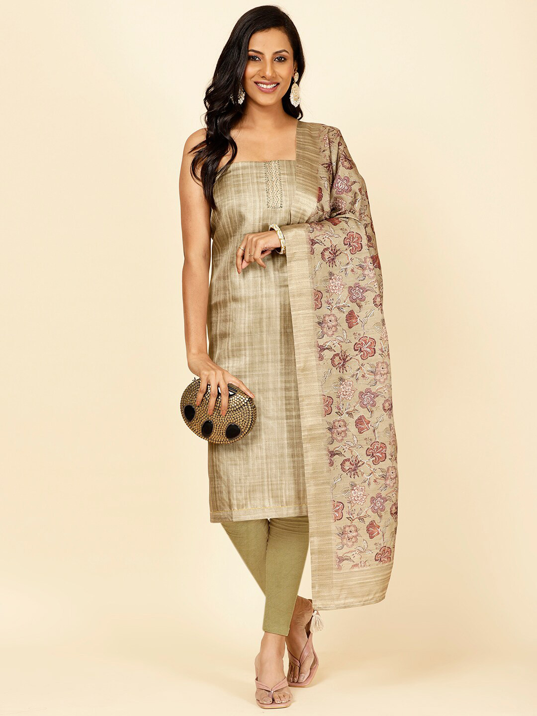 

Meena Bazaar Striped Woven Design Unstitched Dress Material, Olive