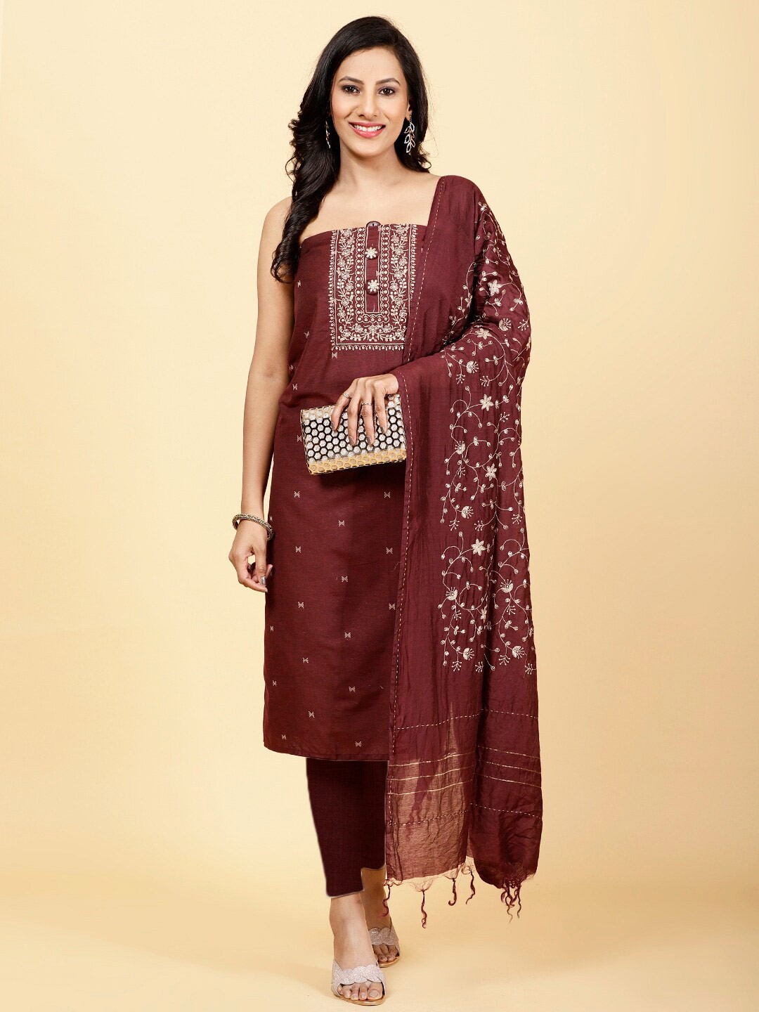

Meena Bazaar Ethnic Motifs Embroidered Sequinned Unstitched Dress Material, Maroon
