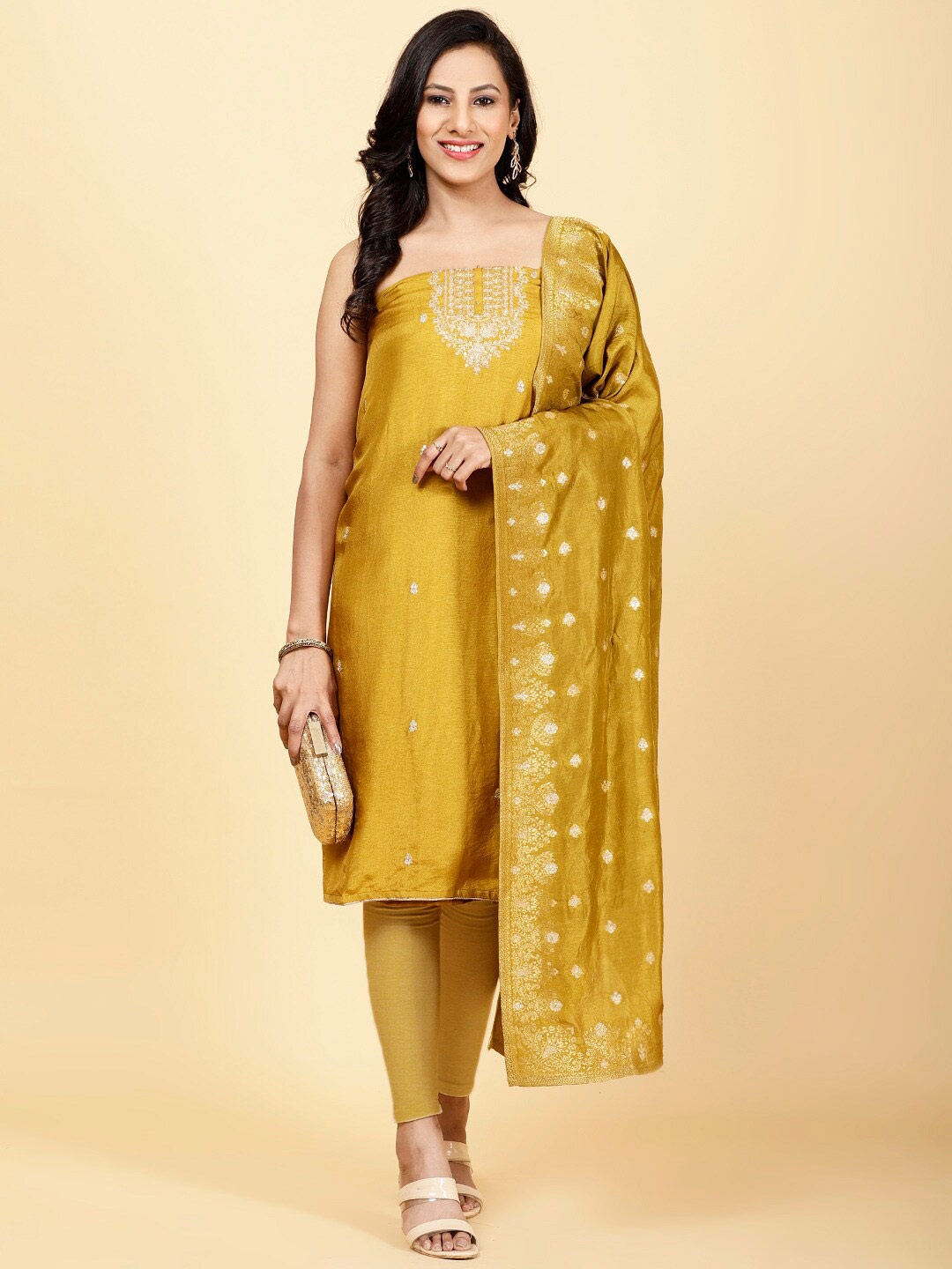 

Meena Bazaar Ethnic Motifs Embroidered Sequinned Unstitched Dress Material, Mustard