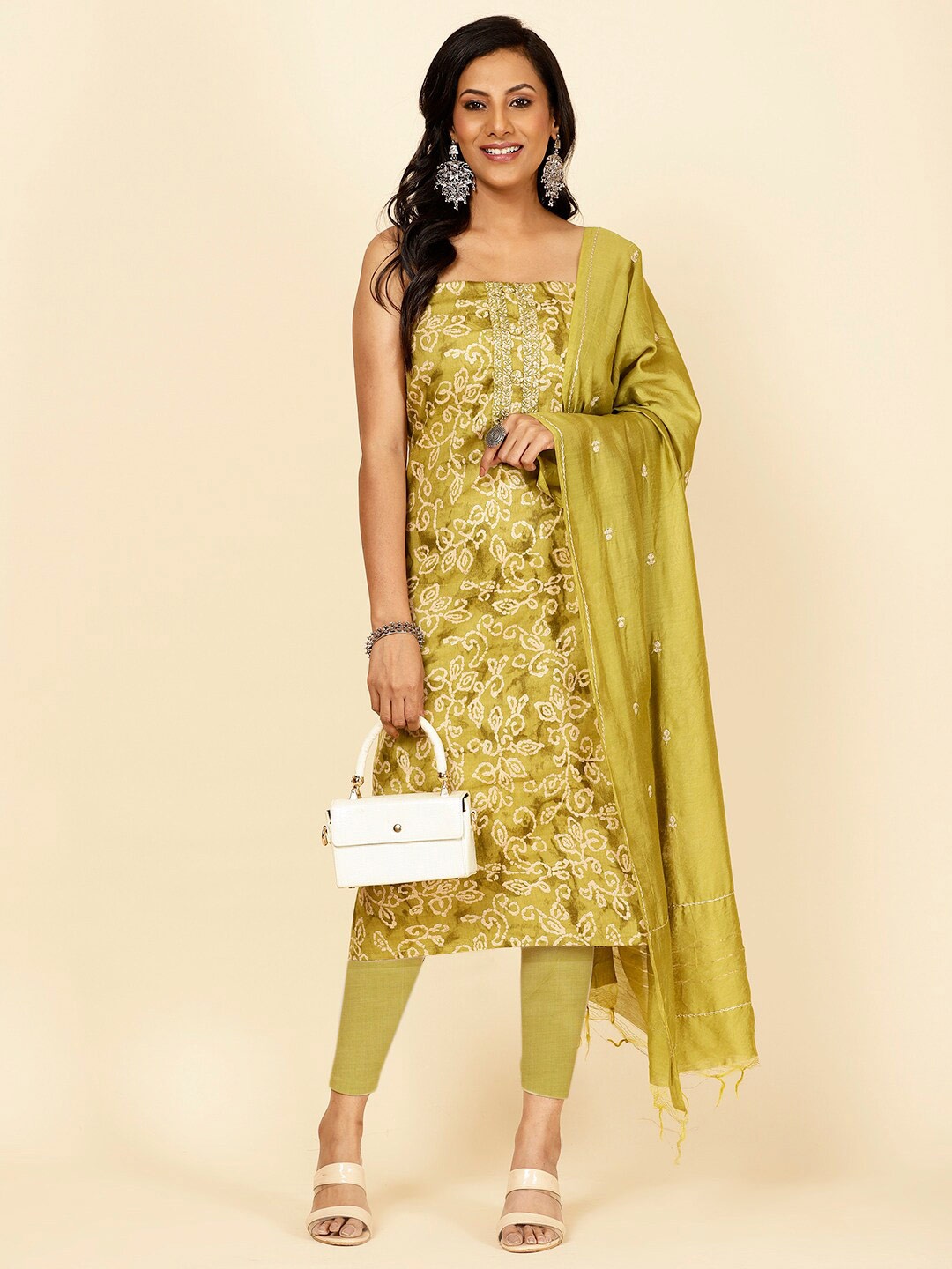 

Meena Bazaar Floral Printed Sequinned Unstitched Dress Material, Green