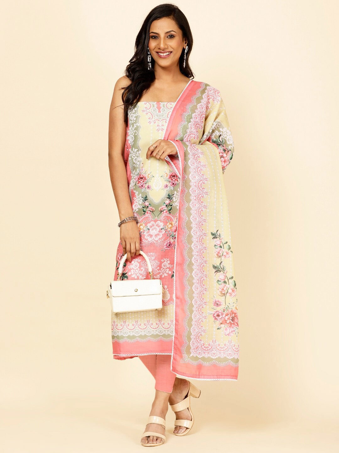 

Meena Bazaar Floral Printed Unstitched Dress Material, Pink