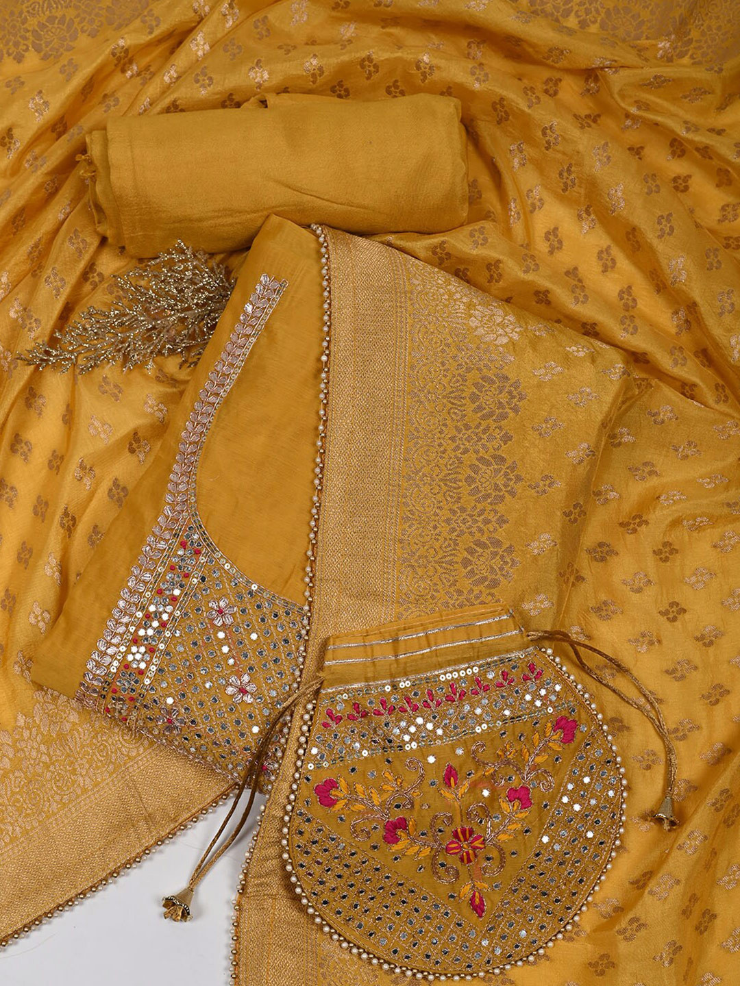 

Meena Bazaar Ethnic Motifs Embroidered Sequinned Unstitched Dress Material, Mustard