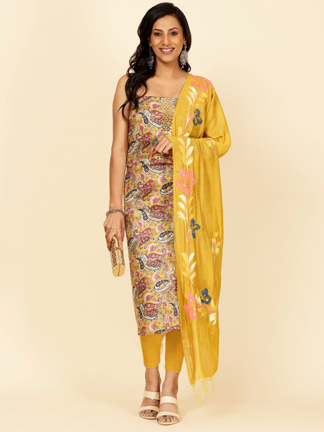 

Meena Bazaar Paisley Printed Mirror Work Unstitched Dress Material, Mustard
