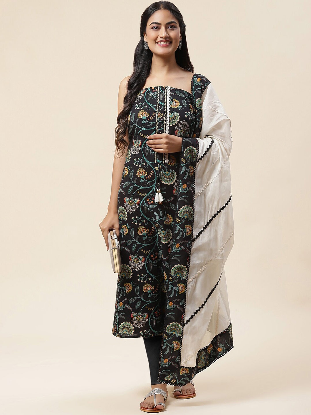 

Meena Bazaar Floral Printed Sequinned Unstitched Dress Material, Black