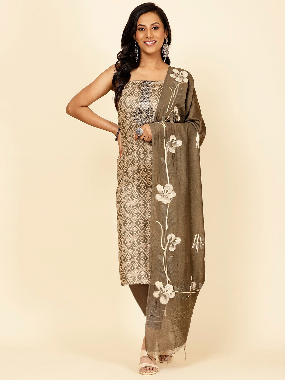 

Meena Bazaar Ethnic Motifs Printed Mirror Work Unstitched Dress Material, Olive