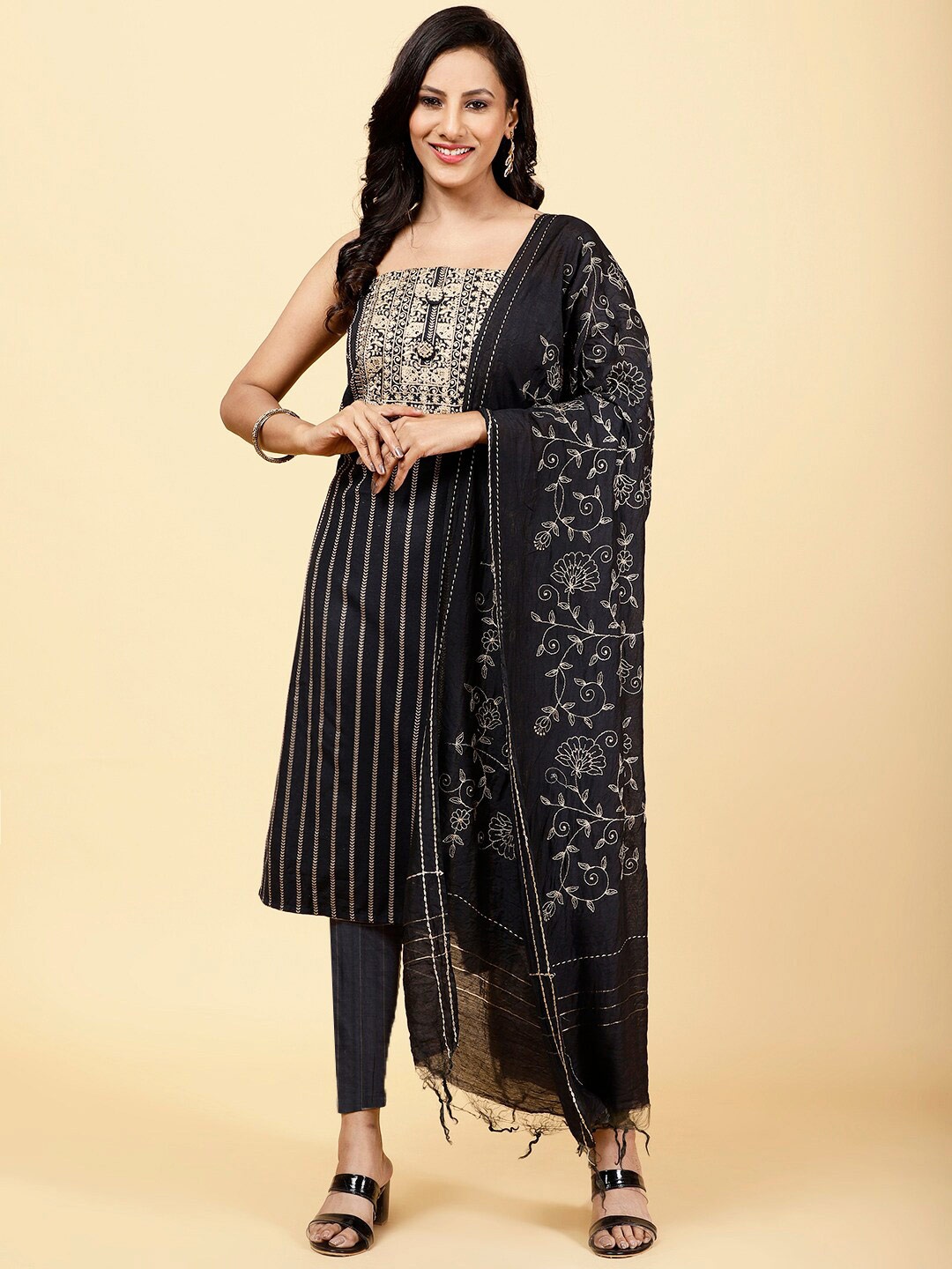 

Meena Bazaar Floral Embroidered Unstitched Dress Material, Navy blue