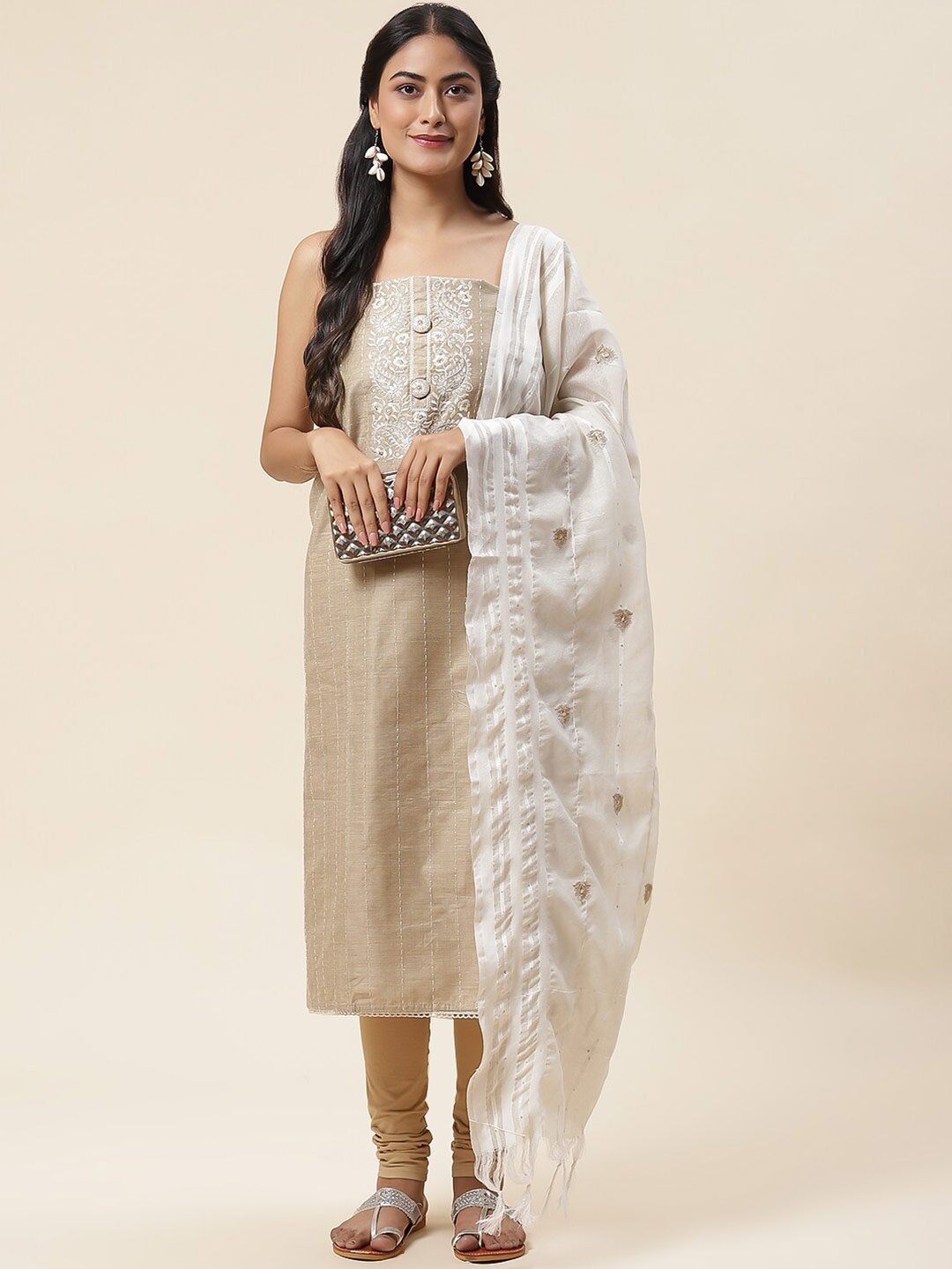 

Meena Bazaar Ethnic Motifs Embroidered Unstitched Dress Material, Beige