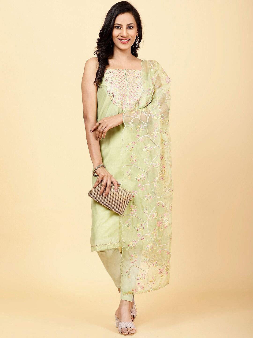 

Meena Bazaar Floral Embroidered Unstitched Dress Material, Green