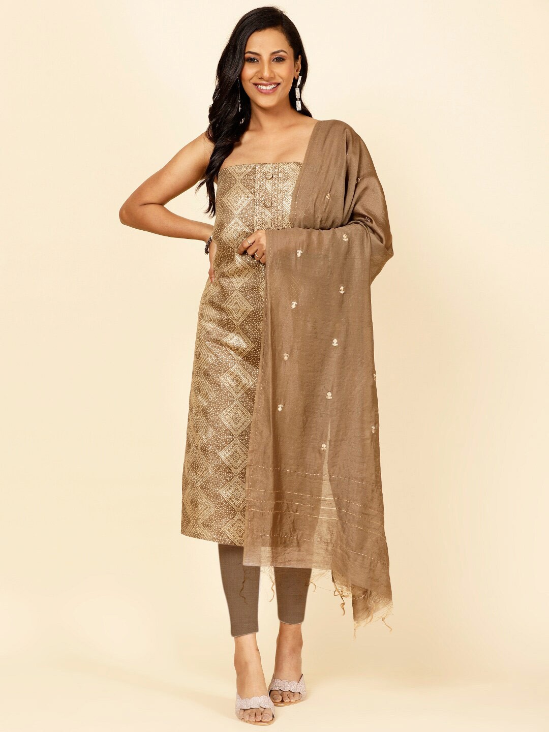 

Meena Bazaar Ethnic Motif Printed Unstitched Dress Material, Brown