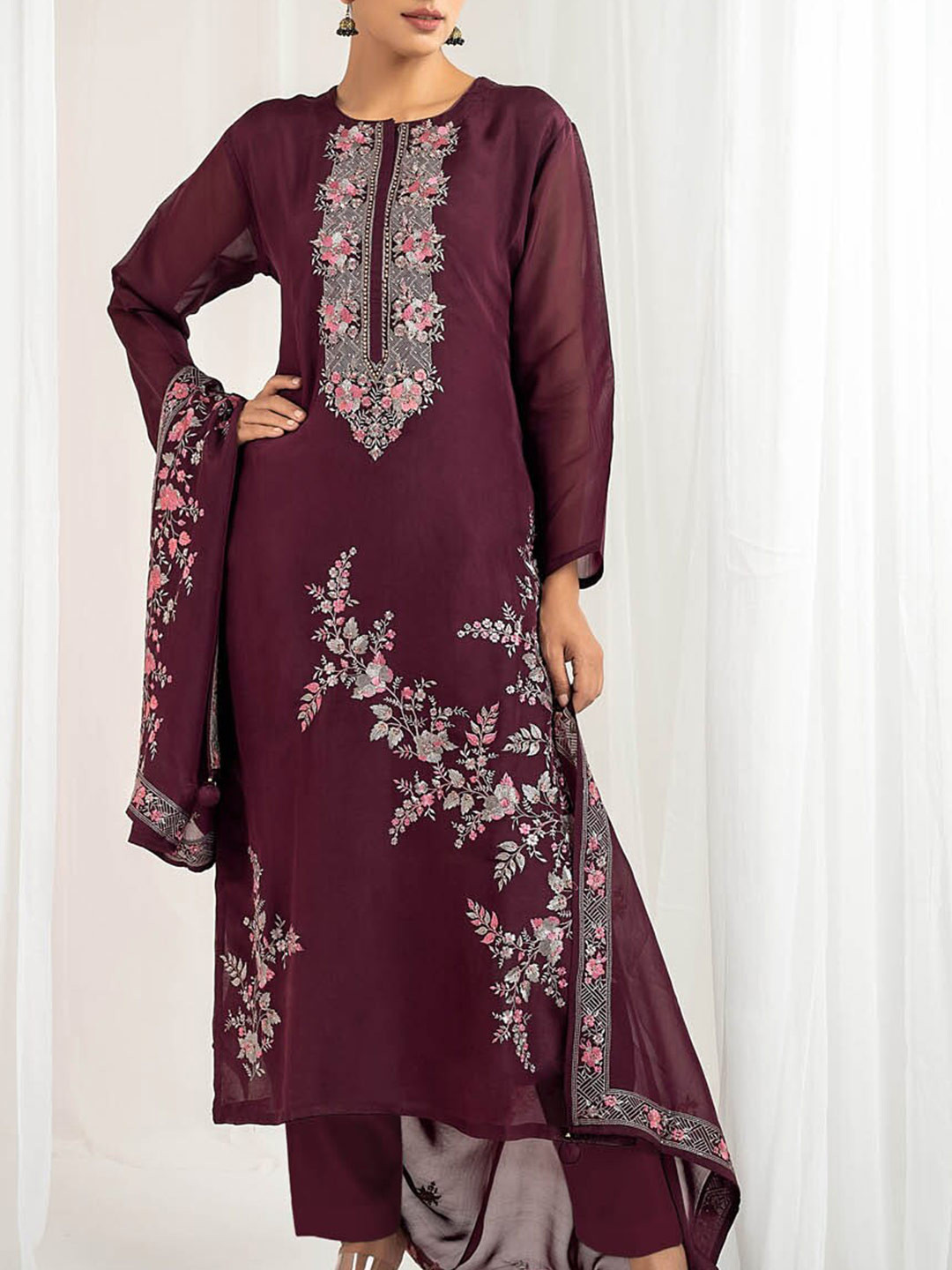 

Meena Bazaar Floral Embroidered Unstitched Dress Material, Purple