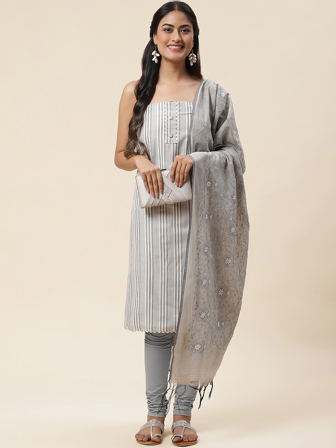

Meena Bazaar Striped Unstitched Dress Material, Grey