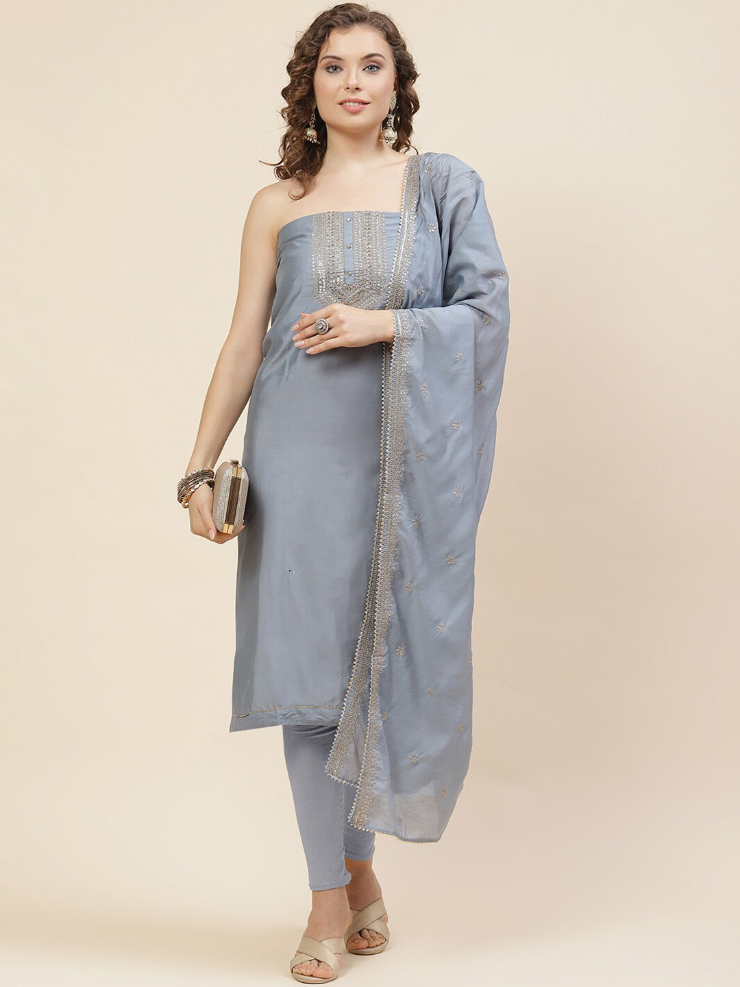 

Meena Bazaar Ethnic Motif Embroiered Unstitched Dress Material, Blue