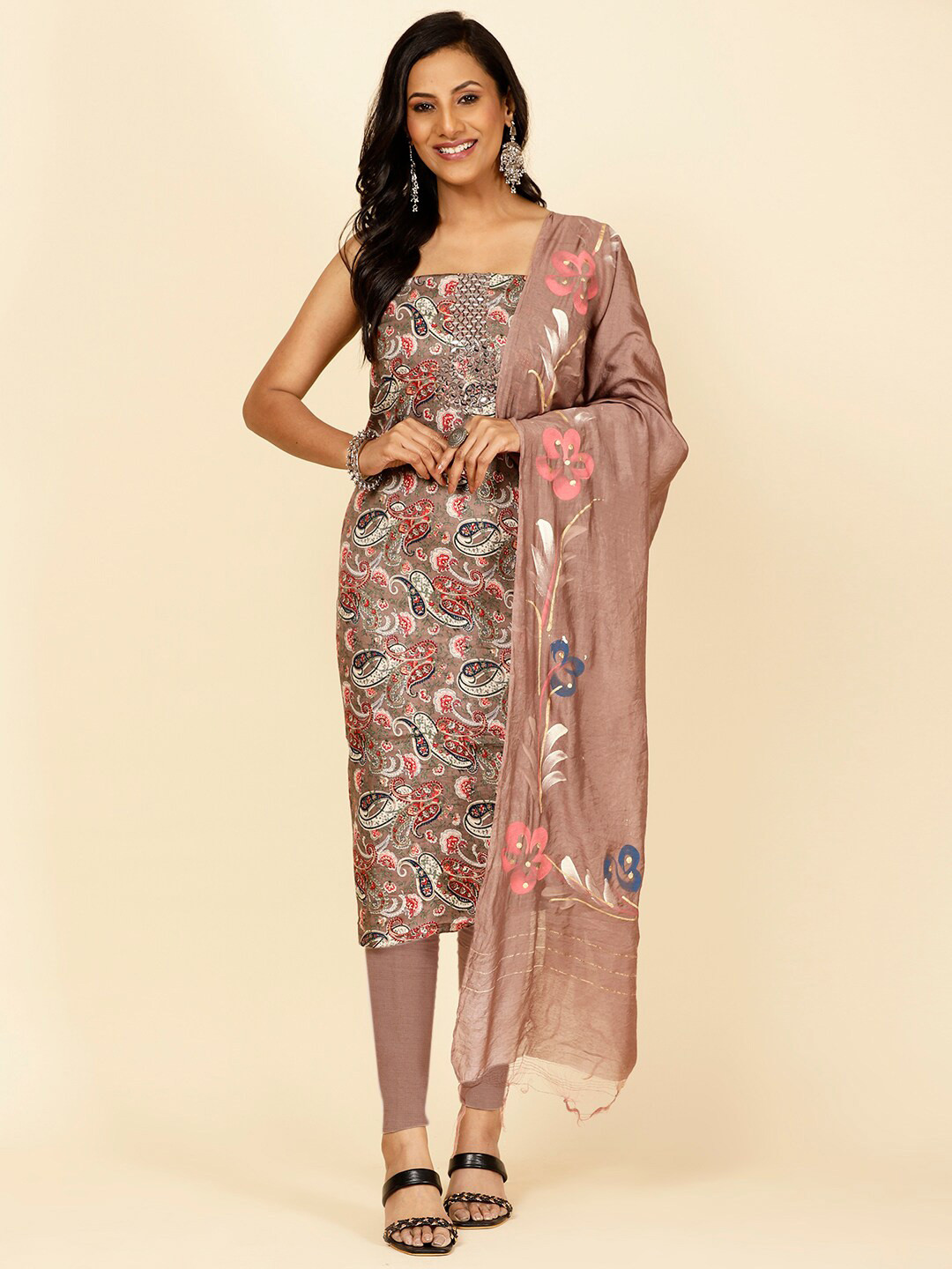 

Meena Bazaar Paisley Printed Unstitched Dress Material, Brown