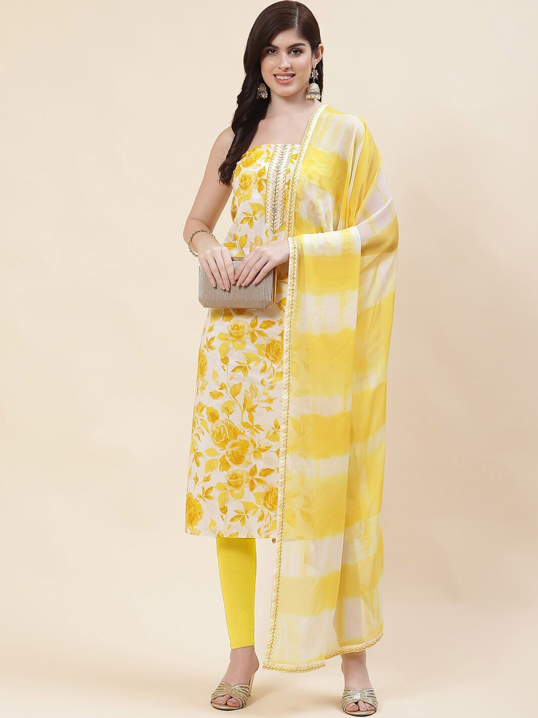 

Meena Bazaar Floral Printed Unstitched Dress Material, Cream