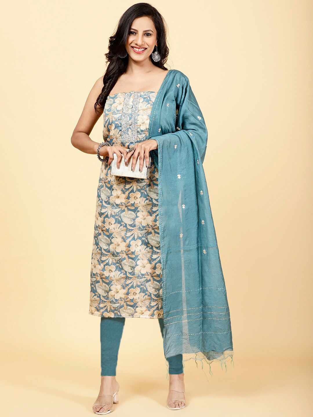 

Meena Bazaar Floral Printed Thread Work Unstitched Dress Material, Blue