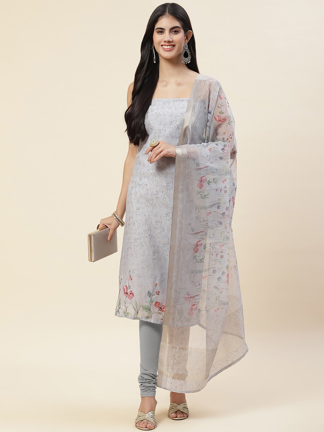

Meena Bazaar Floral Printed Unstitched Dress Material, Grey