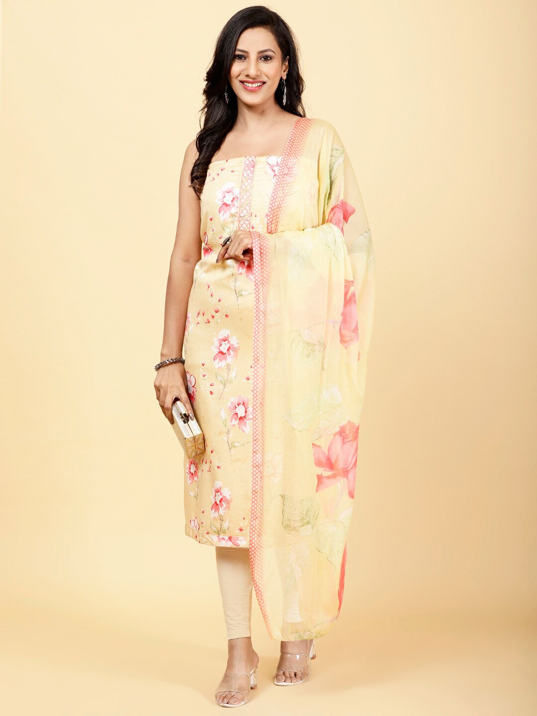 

Meena Bazaar Floral Printed Thread Work Unstitched Dress Material, Mustard