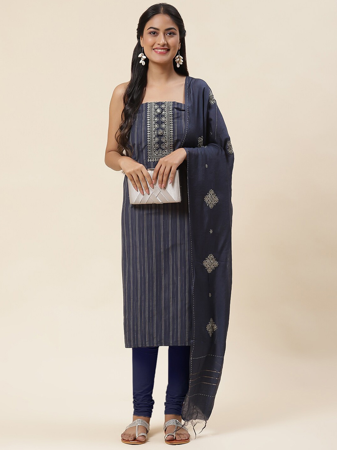 

Meena Bazaar Striped Thread Work Unstitched Dress Material, Blue