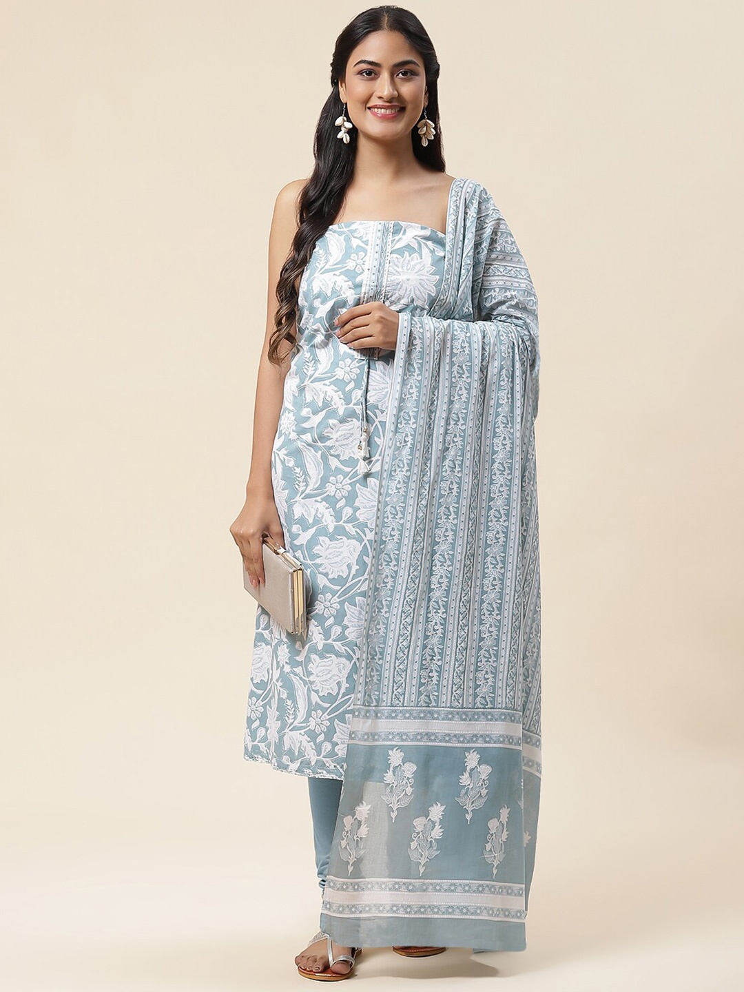 

Meena Bazaar Floral Printed Sequined Unstitched Dress Material, Blue