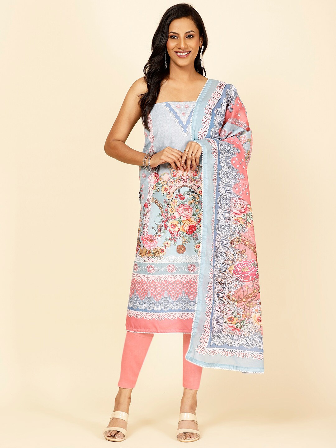 

Meena Bazaar Floral Printed Unstitched Dress Material, Blue