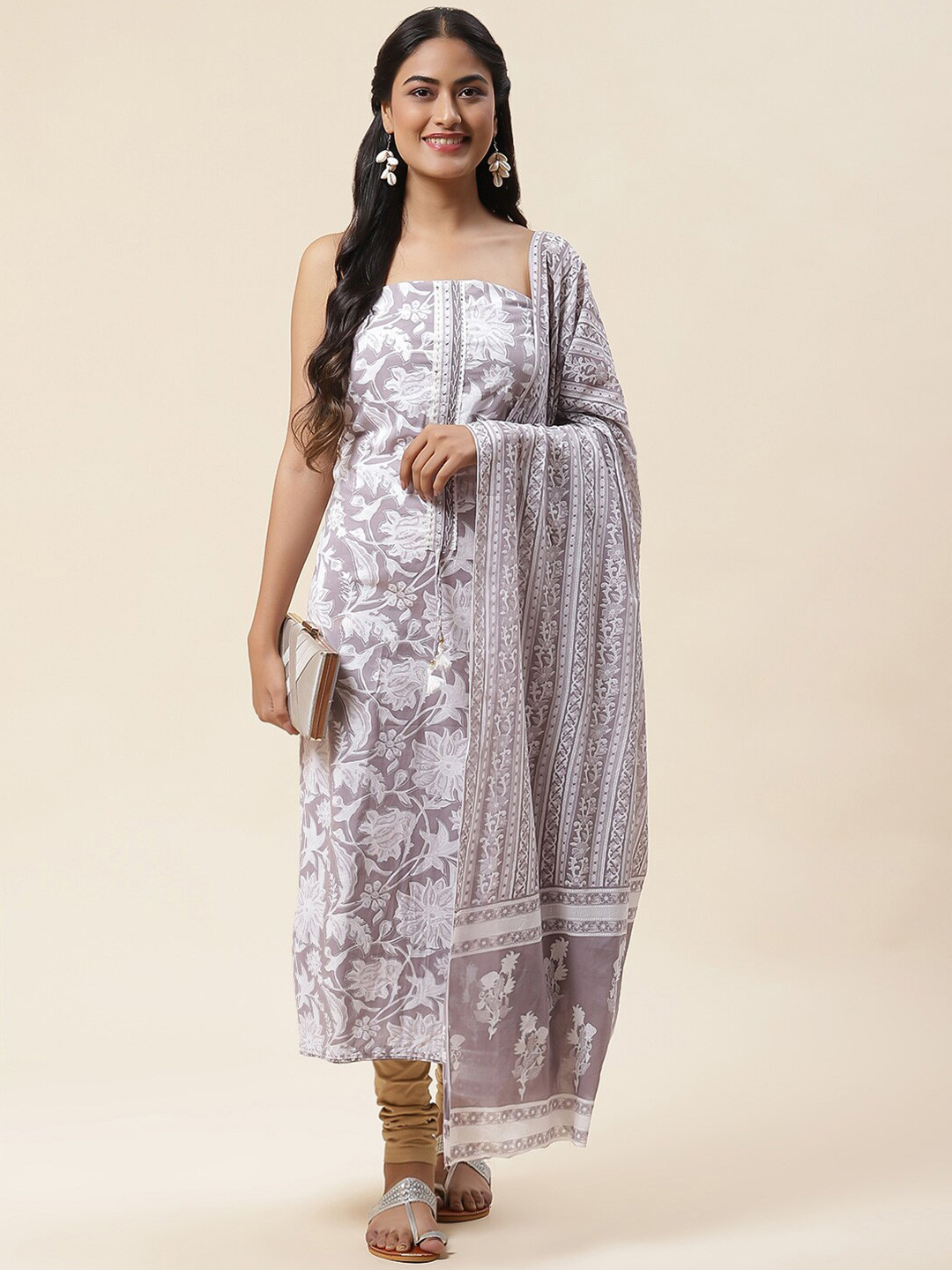 

Meena Bazaar Floral Printed Unstitched Dress Material, Grey