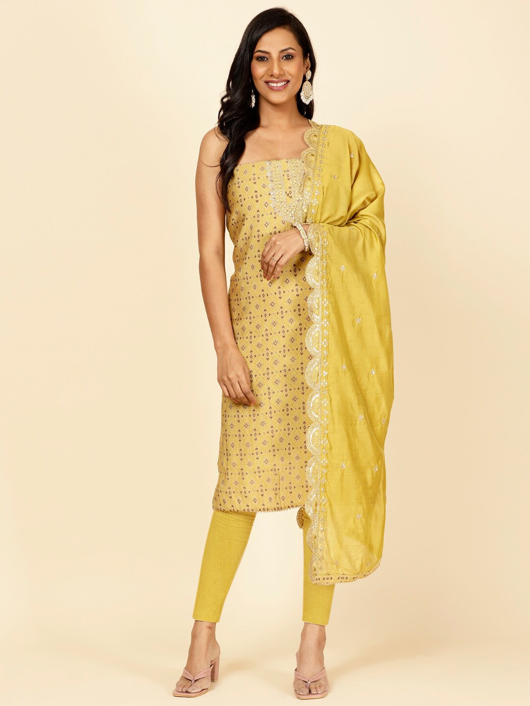 

Meena Bazaar Ethnic Motifs Printed Unstitched Dress Material, Mustard