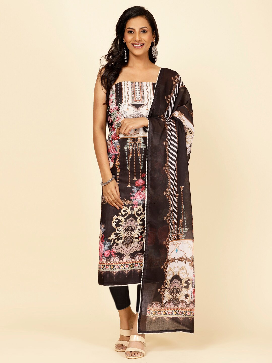

Meena Bazaar Ethnic Motifs Printed Unstitched Dress Material, Black