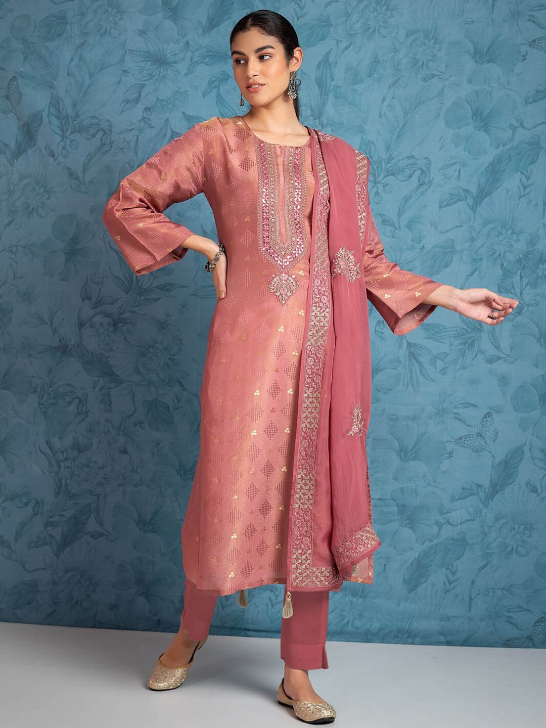 

Meena Bazaar Pink Art Silk Unstitched Dress Material