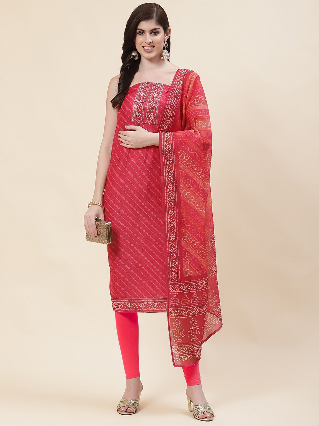 

Meena Bazaar Bandhani Printed Unstitched Dress Material, Pink